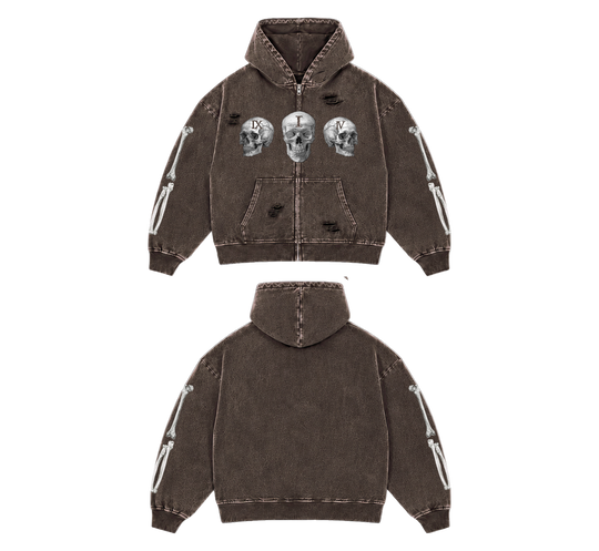 MOCHA WASH TRIPLE SKULL ZIP UP